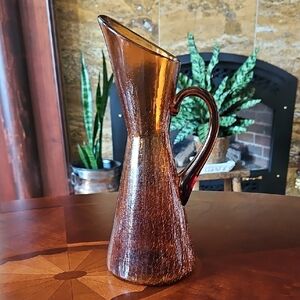 VTG MCM Pilgrim Glass Amber Crackle Glass Handled Pitcher Vase 12"